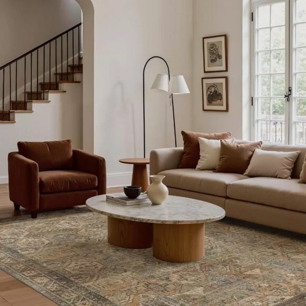New 5x7 Washable Area Rug, Warm Taupe Vintage Low Pile Non-Slip Carpet for Home